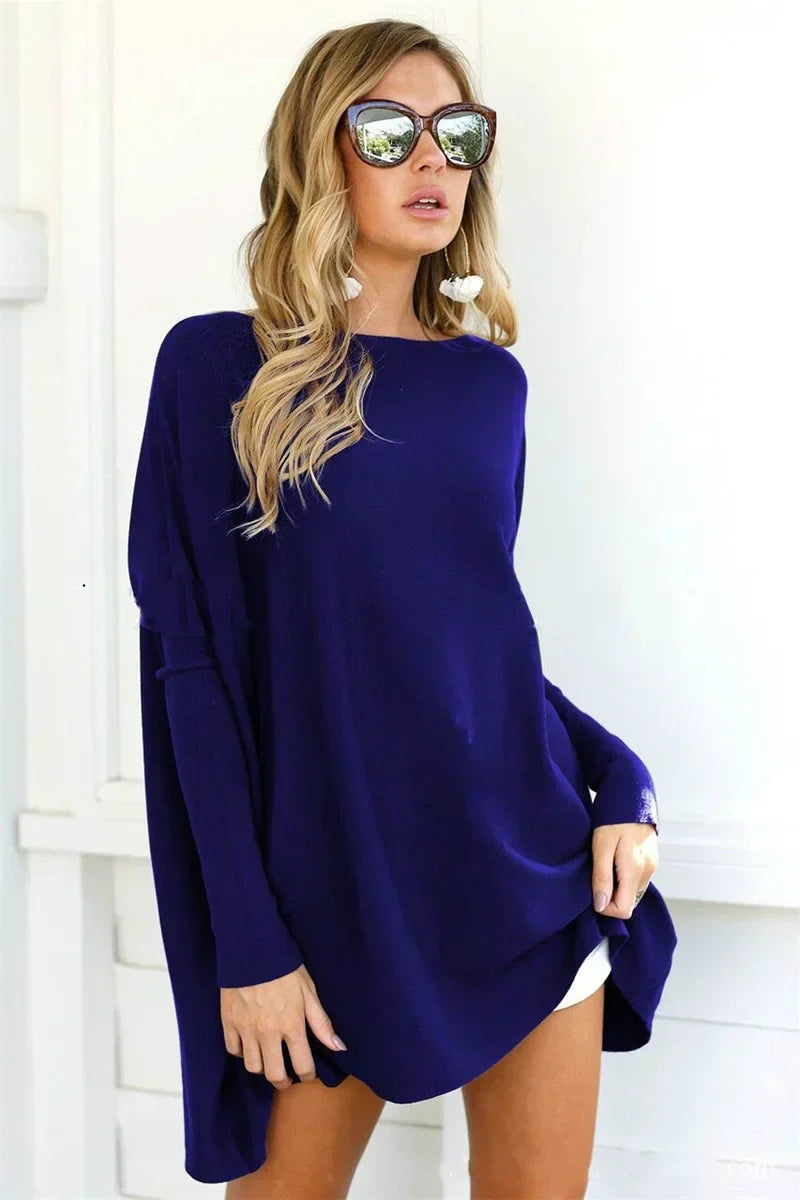 Women's oversized soft knit pullover sweater in tunic length, long sleeve, relaxed cozy silhouette