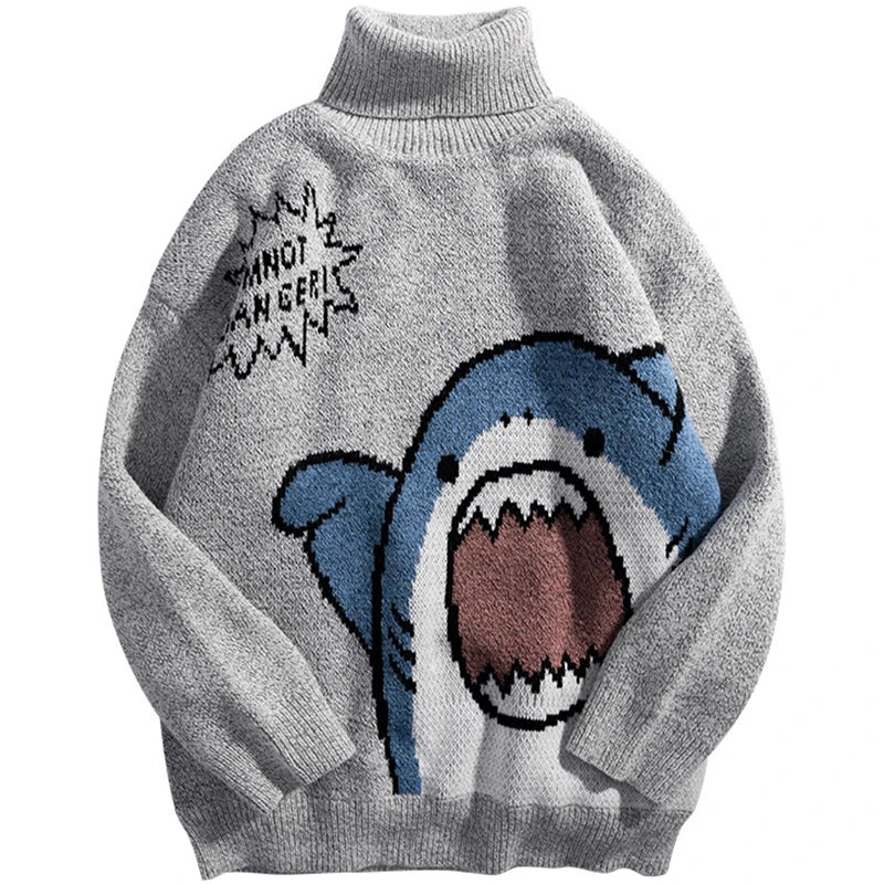 Gray oversized turtleneck knit jumper with bold shark Harajuku graphic print