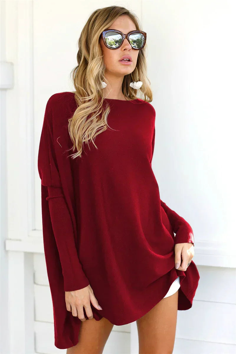 Women's oversized soft knit pullover sweater in tunic length, long sleeve relaxed silhouette