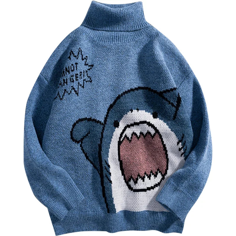 Oversized gray knit turtleneck jumper with bold Harajuku shark graphic print