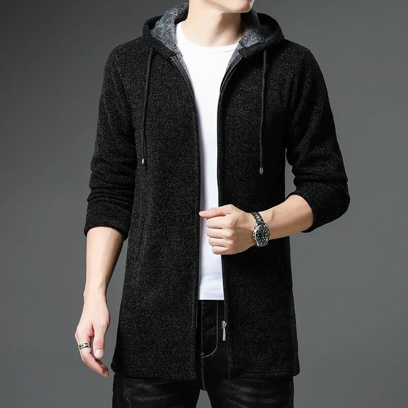 Men's chenille wool jacket, zip front, fleece-lined hood, ribbed cuffs, relaxed fit warm outerwear