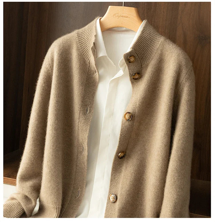 Soft ivory cashmere cardigan high neck ribbed cuffs prominent brown buttons ultra-cozy fit