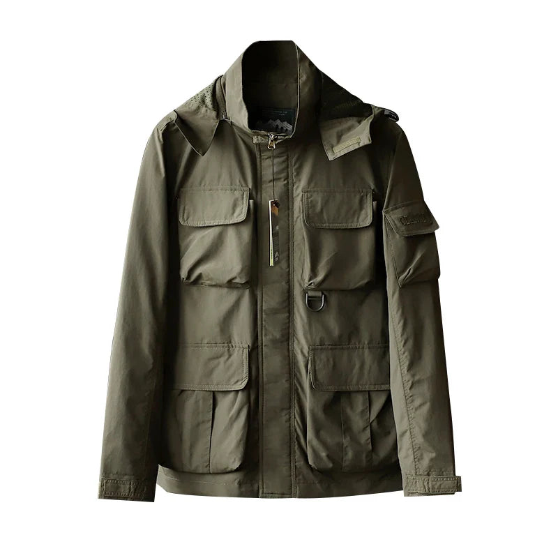 Men's black tactical utility jacket with removable hood and multi-pocket waterproof design