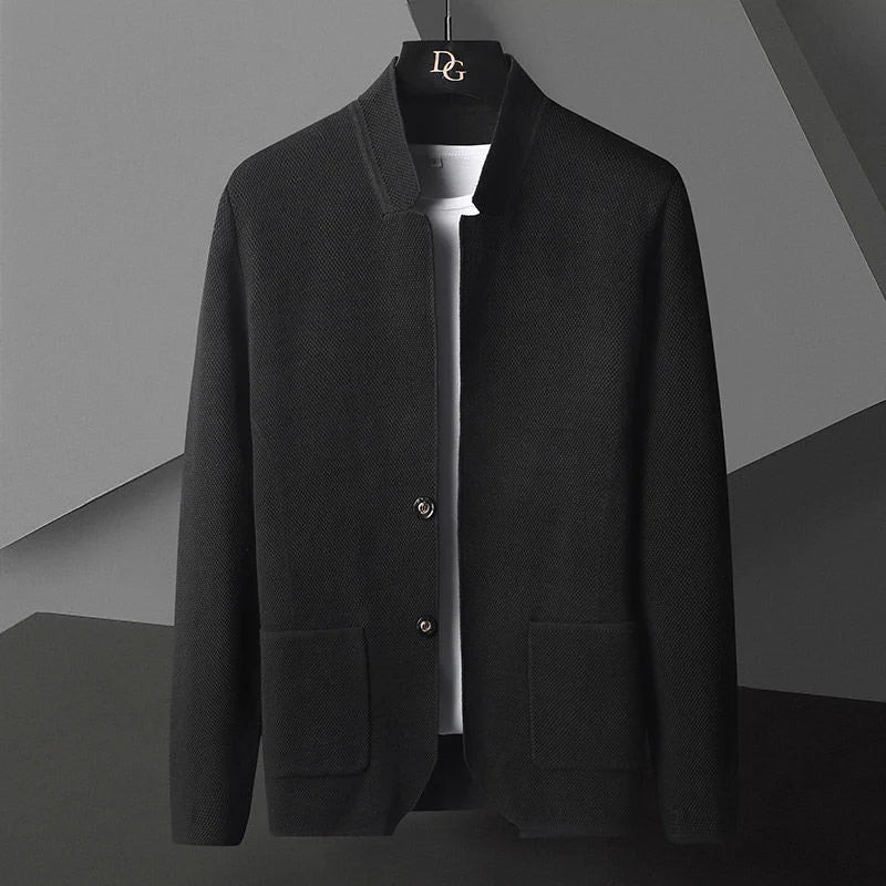 Wavlynn men's slim cashmere knit cardigan in neutral tone with stand collar and deep pockets