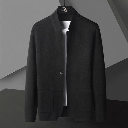 Wavlynn men's slim cashmere knit cardigan in neutral tone with stand collar and deep pockets