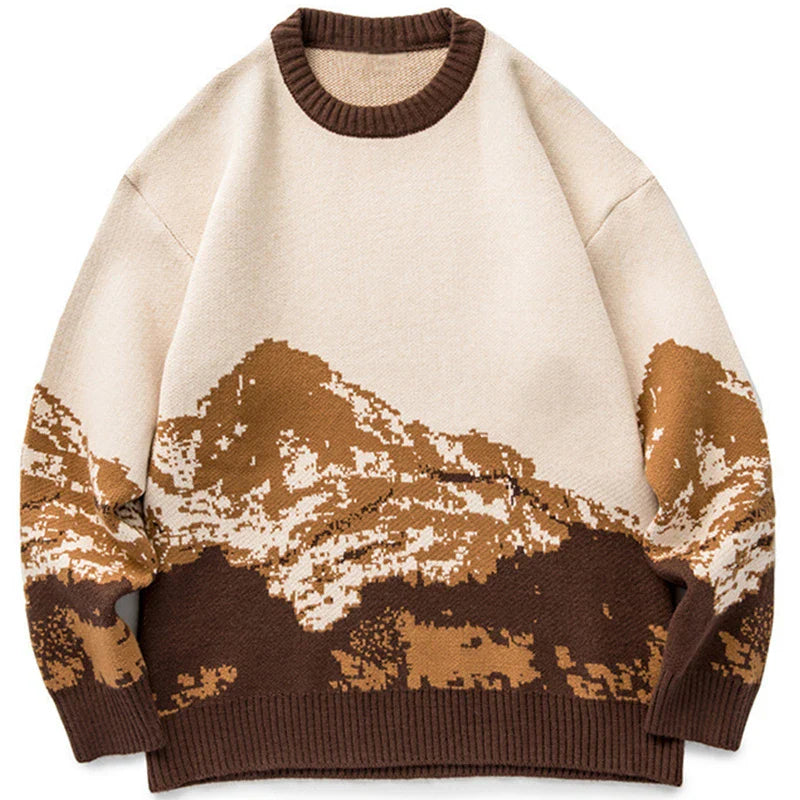Wyoming oversized blue and brown knitted pullover sweater with scenic mountain woven design, soft wool blend