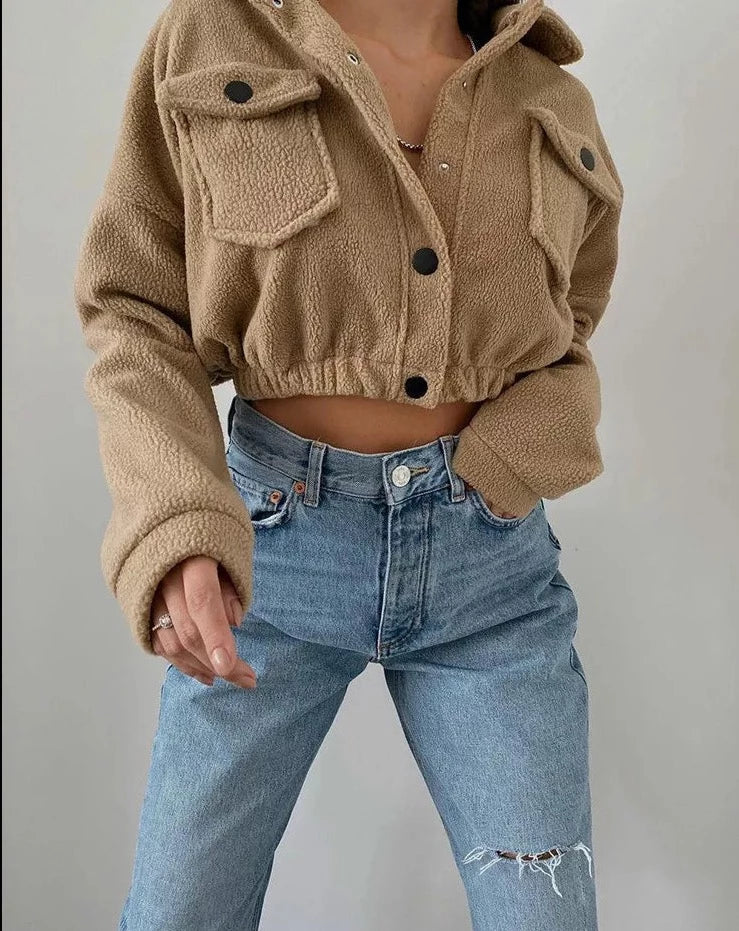 Women's cream cropped plush texture button-up casual jacket with warm fuzzy finish