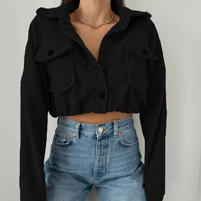Women's cream plush cropped button-up jacket with warm textured finish and casual street-ready silhouette