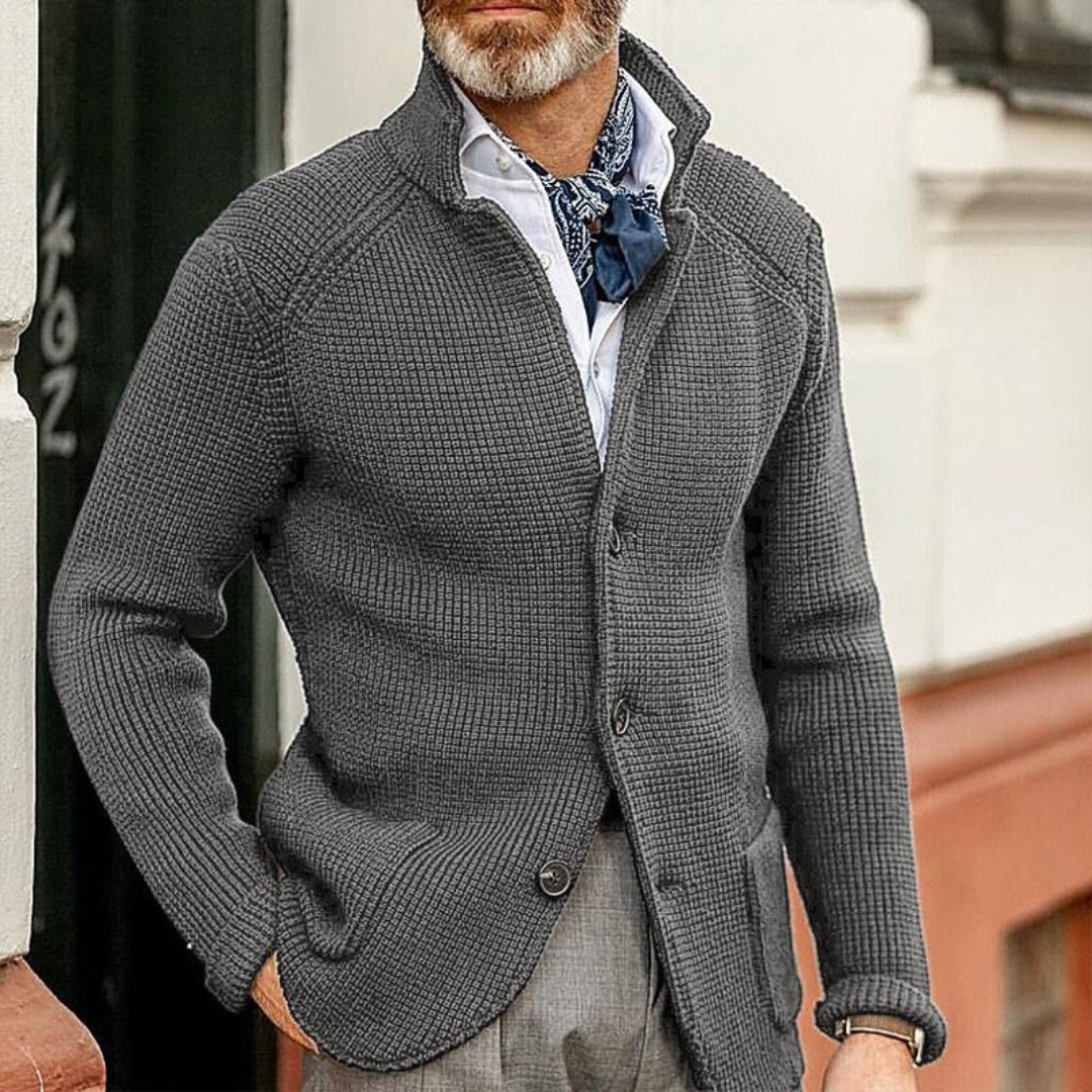 Men's Lennox timeless ribbed cardigan in neutral tone, slim-fit silhouette with refined button-front closure