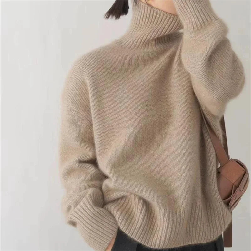 Oversized unisex cashmere turtleneck sweater, soft lightweight knitwear in cozy relaxed fit