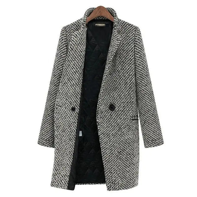Women's longline houndstooth coat chic warm outerwear with elongating silhouette
