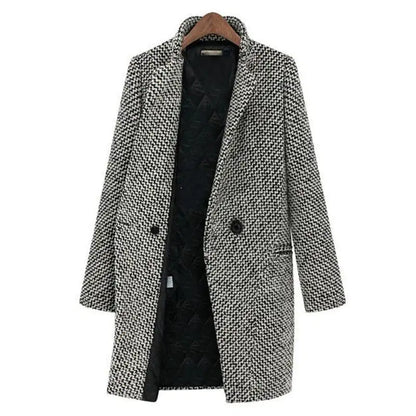 Women's longline houndstooth coat chic warm outerwear with elongating silhouette