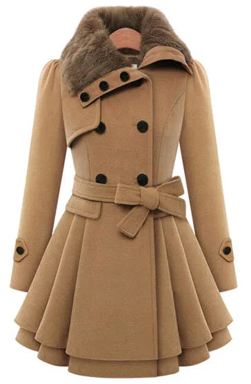 Wool trench coat with fur collar, double-breasted pleated design in warm winter neutral blend