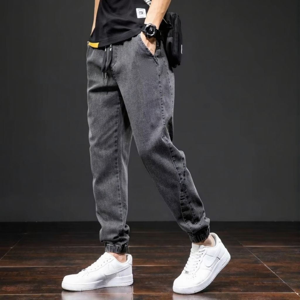 Men's black blue cargo denim jogger pants relaxed streetwear fit with multi-pocket utility design