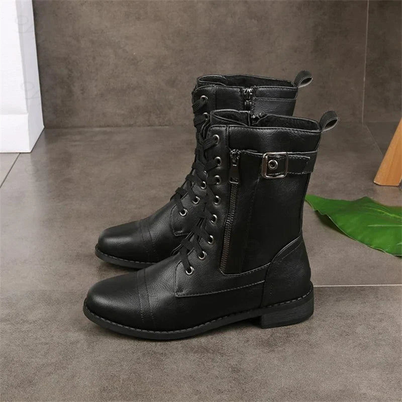 Women's brown textured leather mid-calf western boots with refined silhouette and scuff-resistant finish