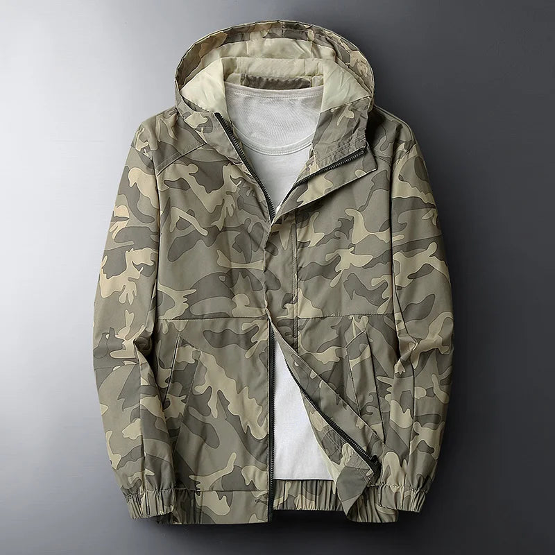 Men's camouflage tactical windbreaker hooded jacket, lightweight water-resistant shell with rugged camo print