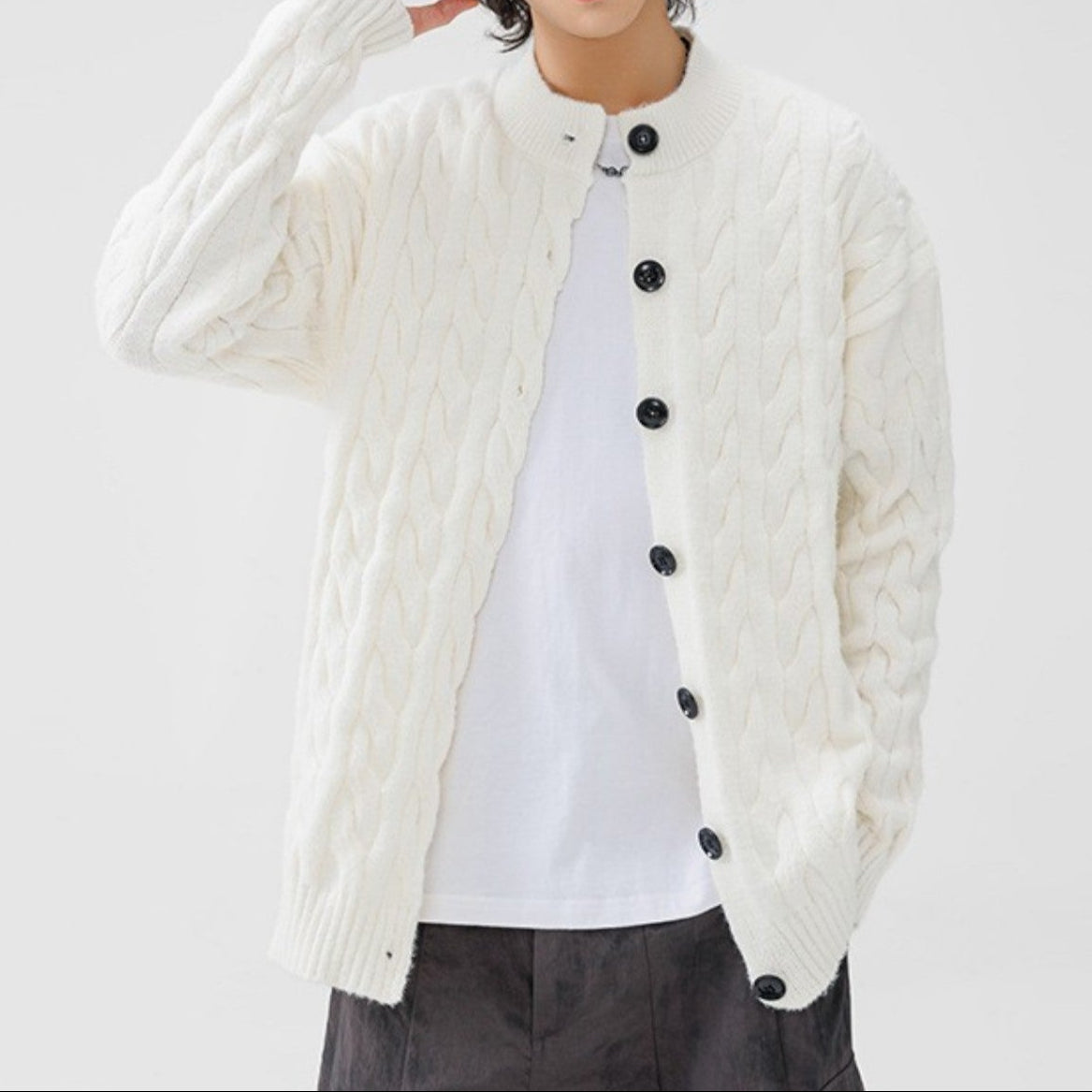 Arley beige cable-knit cotton cardigan, relaxed fit with ribbed cuffs and front button closure