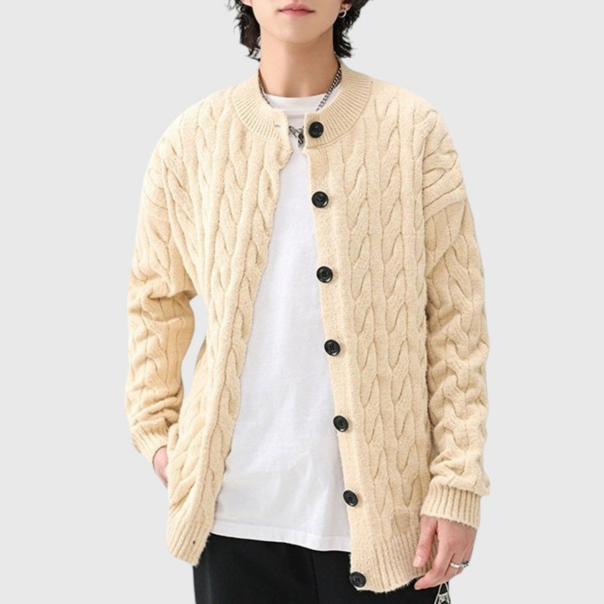 Arley beige cable-knit cotton cardigan with relaxed fit, ribbed cuffs, and front button closure
