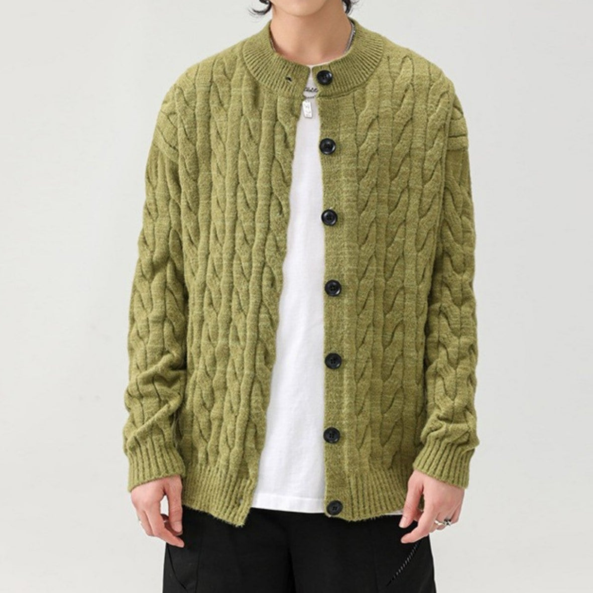 Arley beige cable-knit cotton cardigan relaxed silhouette with front button closure
