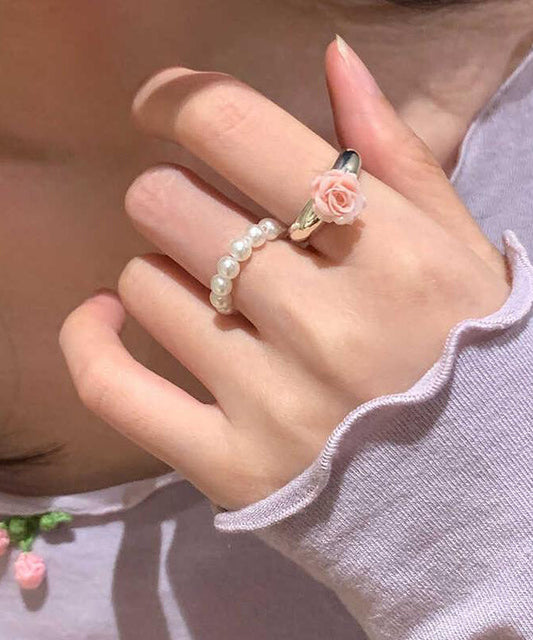 Ensemble de deux bagues florales en alliage faites à la main avec perles - Wavlynn