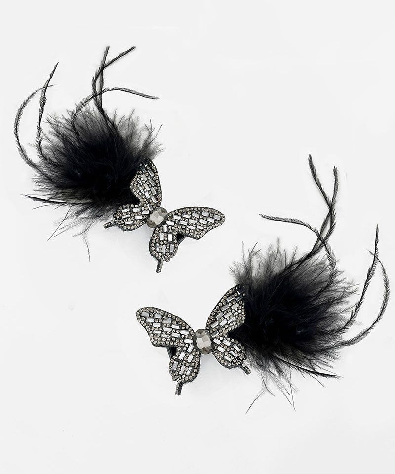 Épingle à cheveux en alliage de zircon noir faite à la main avec plumes de papillon - Wavlynn