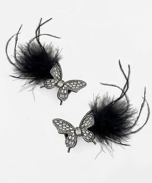 Épingle à cheveux en alliage de zircon noir faite à la main avec plumes de papillon - Wavlynn