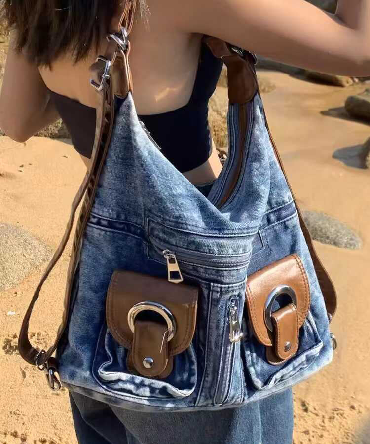 Sac à main en denim bleu polyvalent de grande capacité fait main - Wavlynn