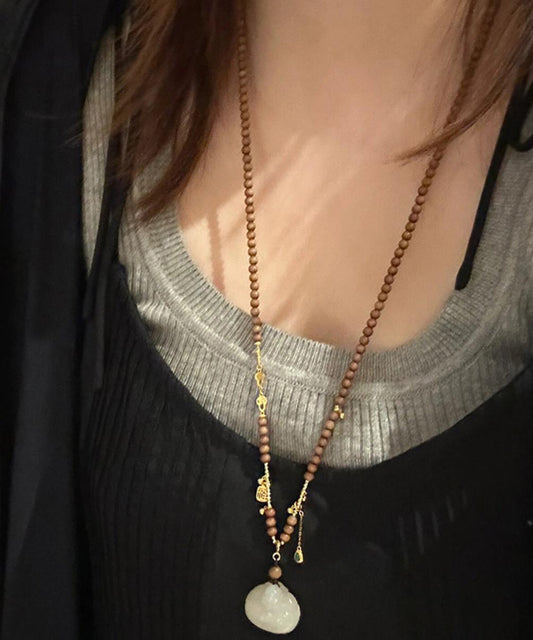 Collier pendentif en perles de bois de santal surdoré en argent sterling marron fait main - Wavlynn