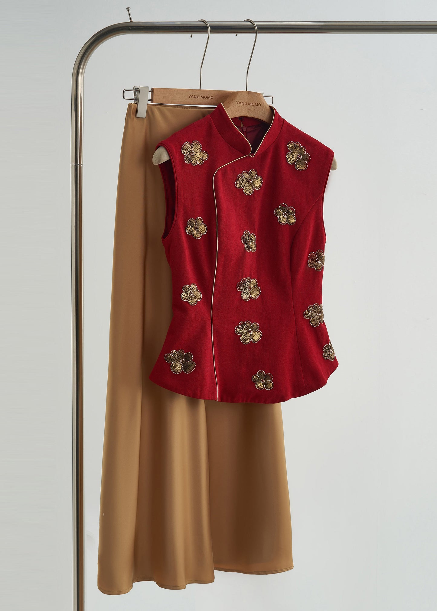 Gilets en coton à fleurs et sequins, col mandarin, confectionnés à la main, couleur mûrier. Automne - Wavlynn
