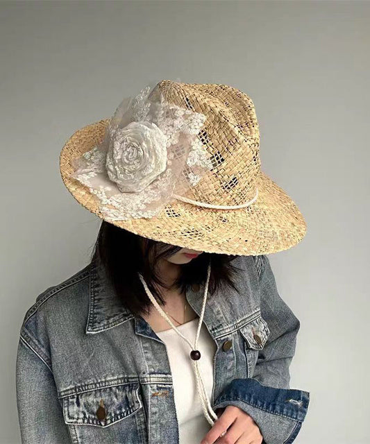 Chapeau de cowboy en paille tissée ajourée avec dentelle et fleurs, fait à la main - Wavlynn