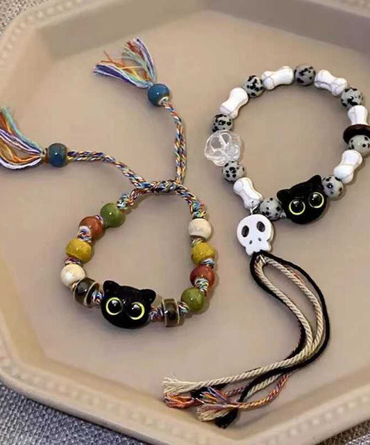 Bracelet en chaîne en deux pièces tissé à la main avec pompons en céramique et petits chats - Wavlynn