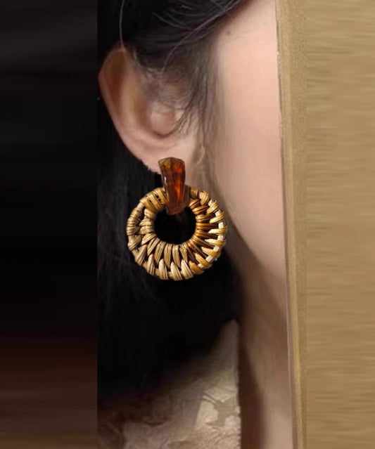 Boucles d'oreilles créoles tissées à la main en alliage jaune et bambou - Wavlynn