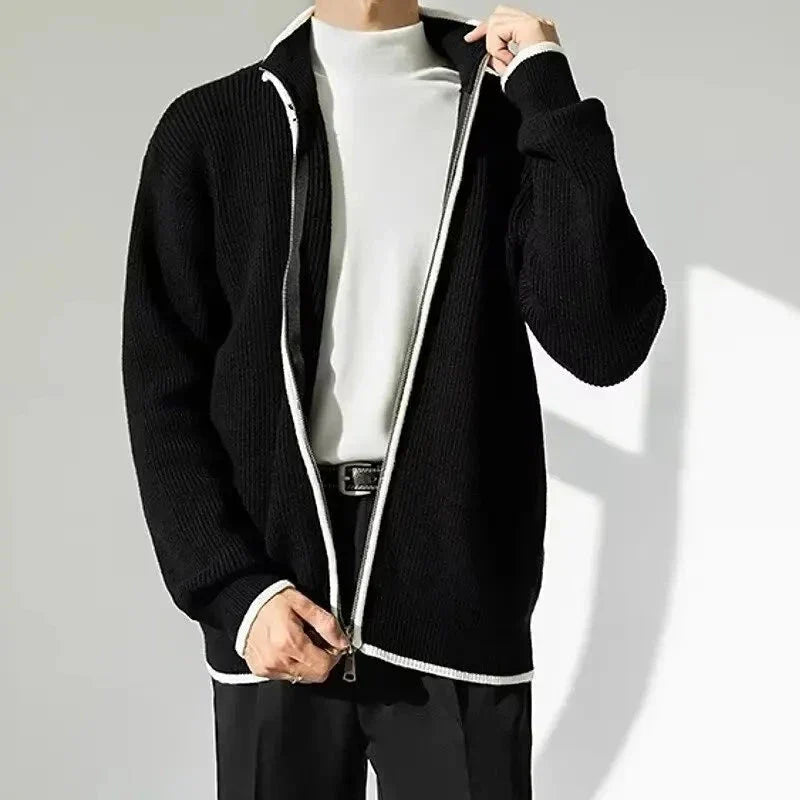 Men's navy blue full-zip knitted cardigan with contrast trim detailing and premium soft knit fabric