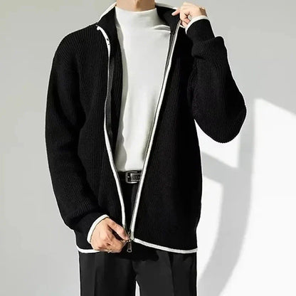 Men's navy blue full-zip knitted cardigan with contrast trim detailing and premium soft knit fabric