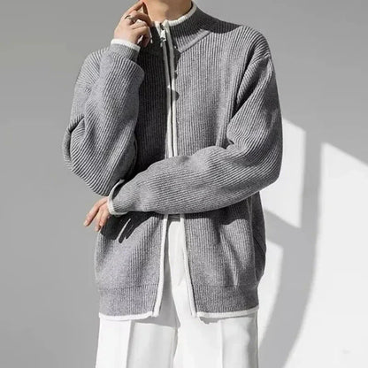 Men's navy knitted full-zip cardigan with contrast trim details, classic tailored fit, premium fabric