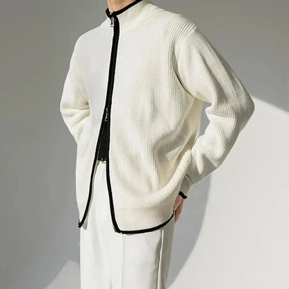Men's full-zip knitted cardigan with contrast trim detailing in premium soft knit fabric