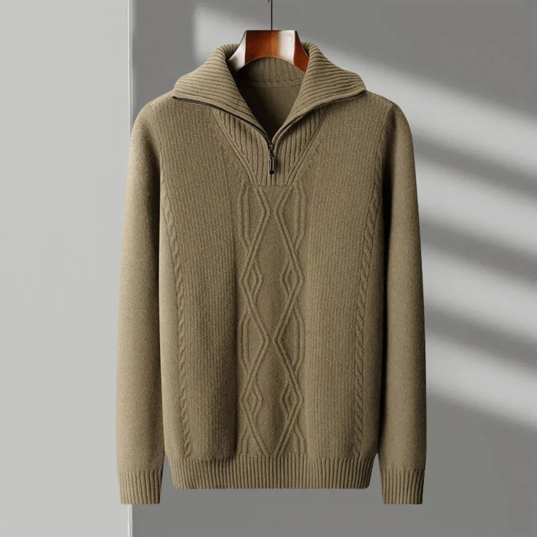 Hank navy merino wool half-zip sweater with cable-knit pattern and ribbed collar