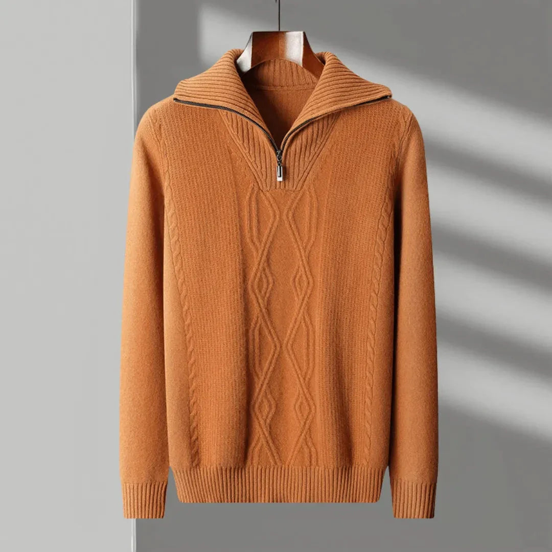 Ivory merino wool half-zip sweater with cable-knit pattern and ribbed collar