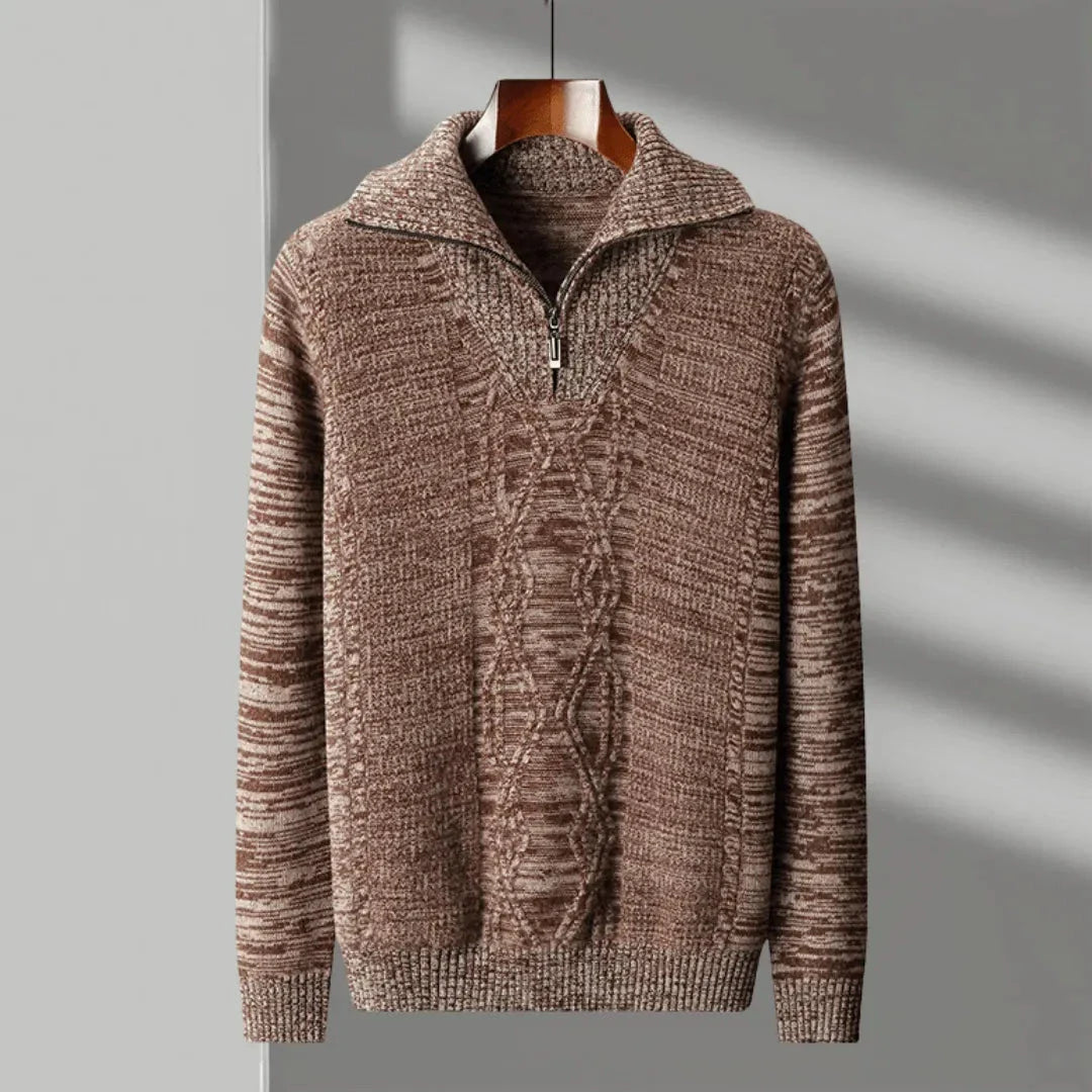 Hank navy merino wool half-zip sweater with cable-knit pattern and ribbed collar