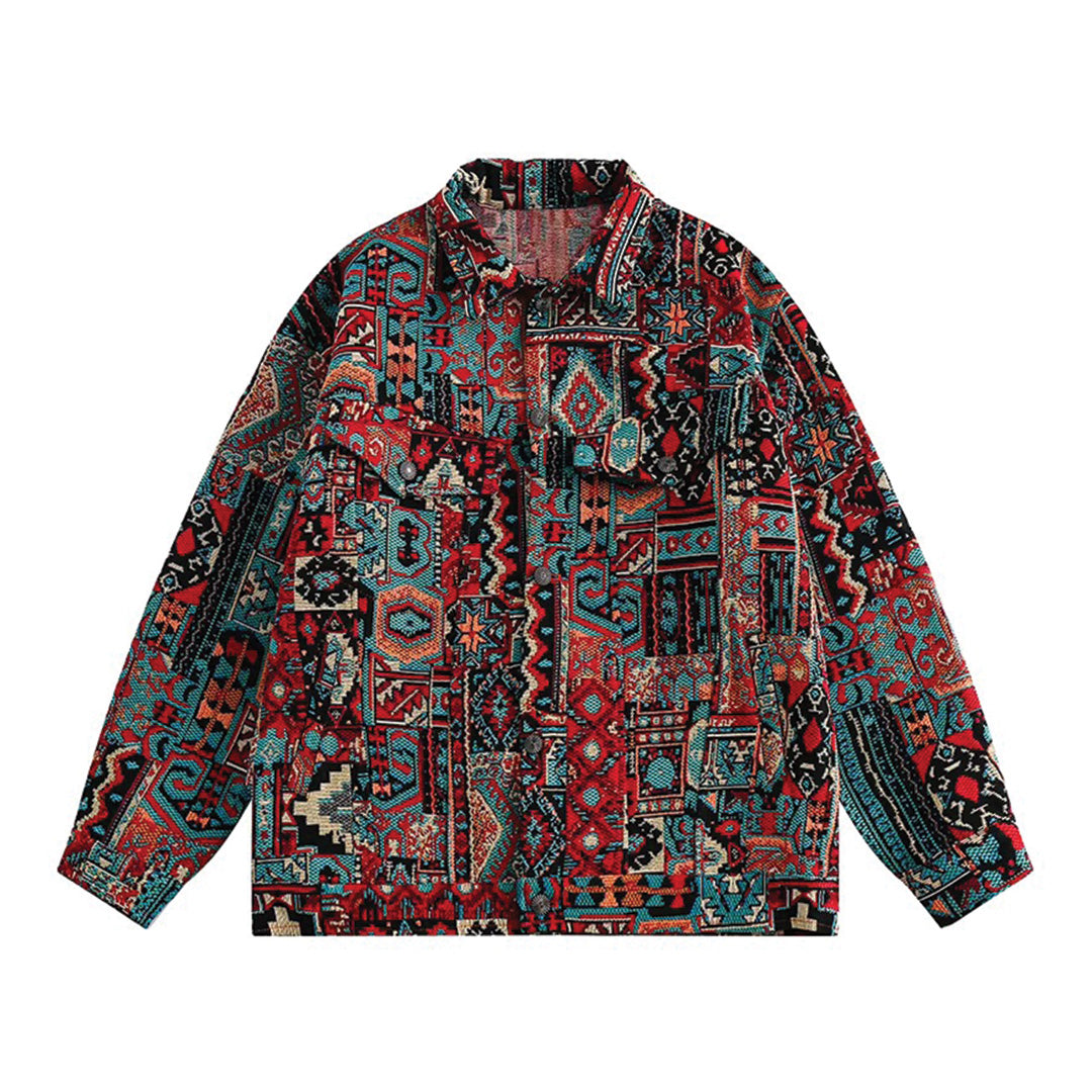 Loose-fit vintage jacquard cargo jacket in geometric pattern with turn-down collar, casual heritage style