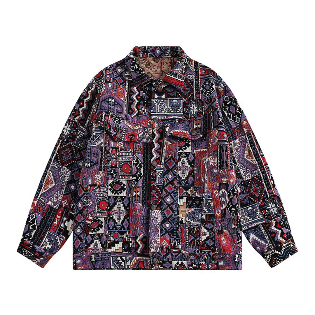 Loose-fit vintage jacquard cargo jacket in geometric patterns with a turn-down collar
