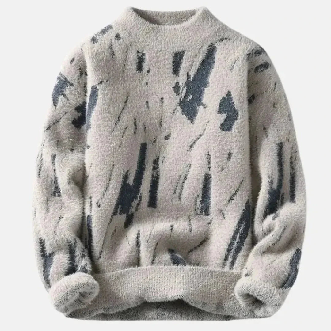 Plush crewneck sweater in glacier abstract pattern, thermal fiber blend with ribbed cuffs for winter warmth