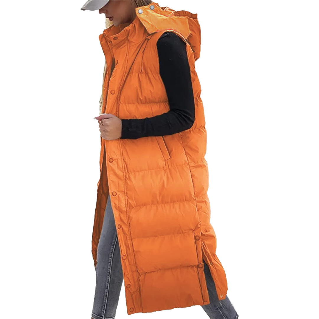 Kathleen long quilted puffer jacket with hood, side slits, modern insulated cold-weather style