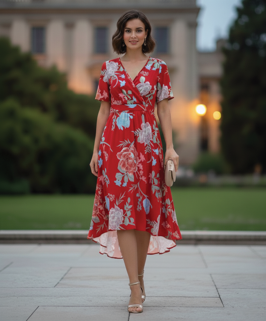 Floral wrap midi dress high waist fluttery silhouette breathable fabric for spring occasions