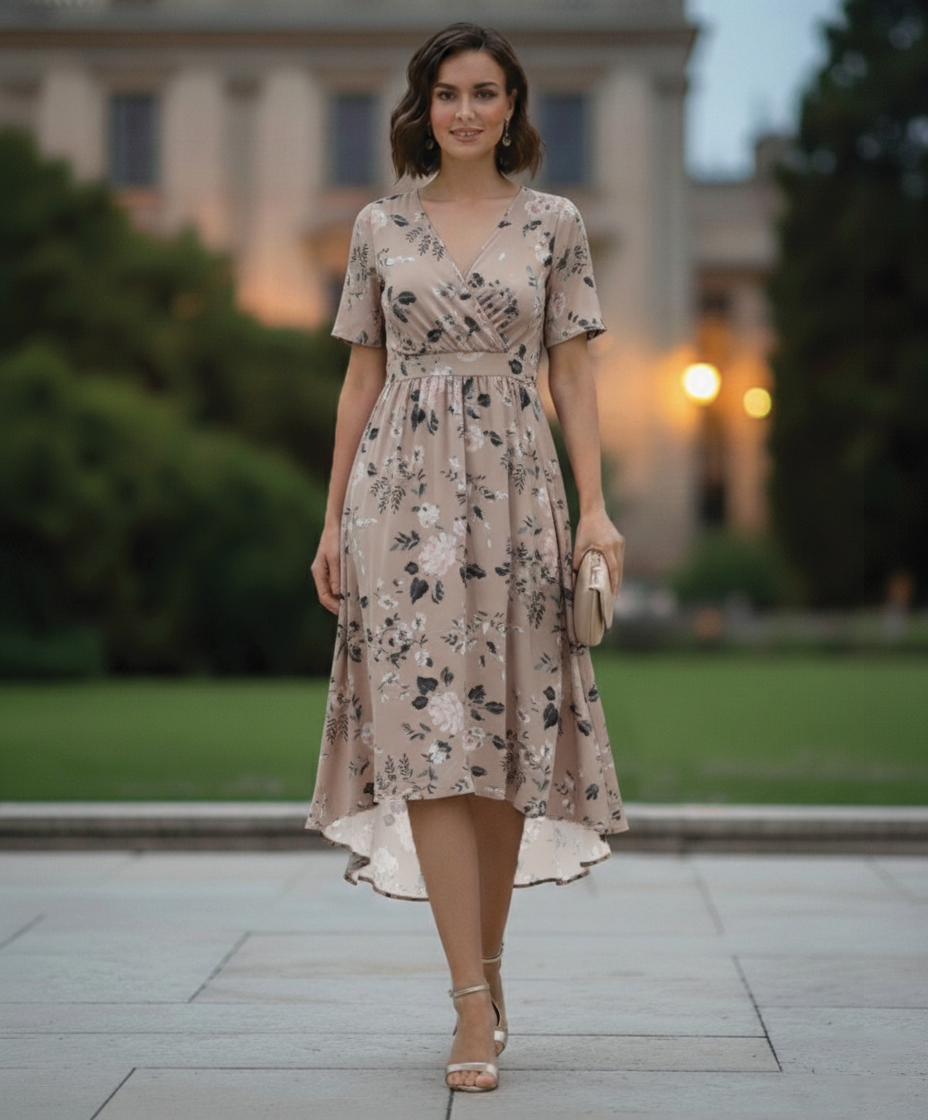 Floral wrap midi dress high waist flutter silhouette breathable fabric for spring wedding guest