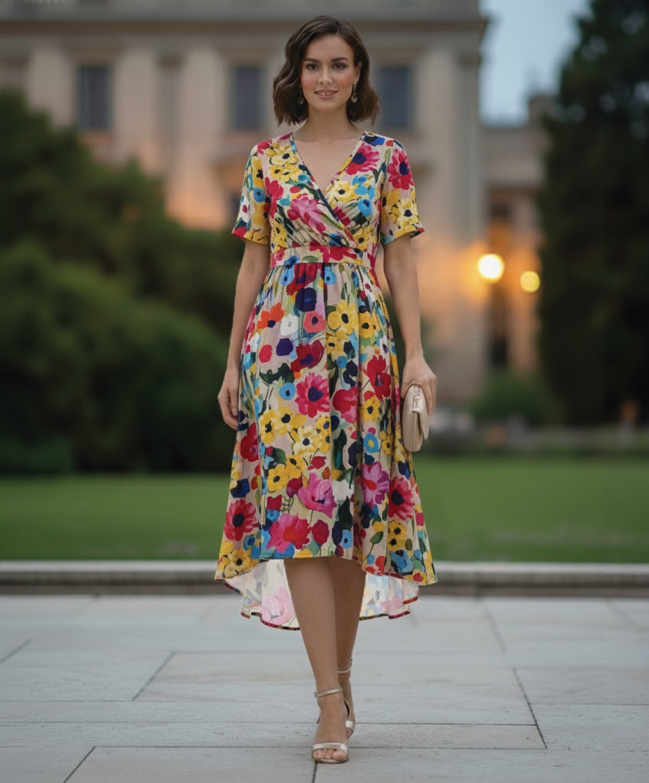 Floral wrap midi dress with high waist bodice, light fluttery silhouette for spring occasions