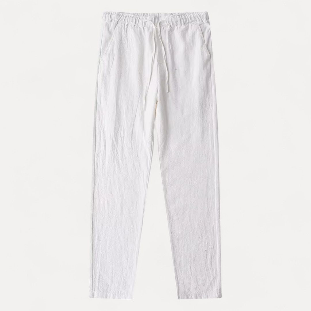 Harrison beige linen drawstring pants tapered leg relaxed fit with adjustable waistband