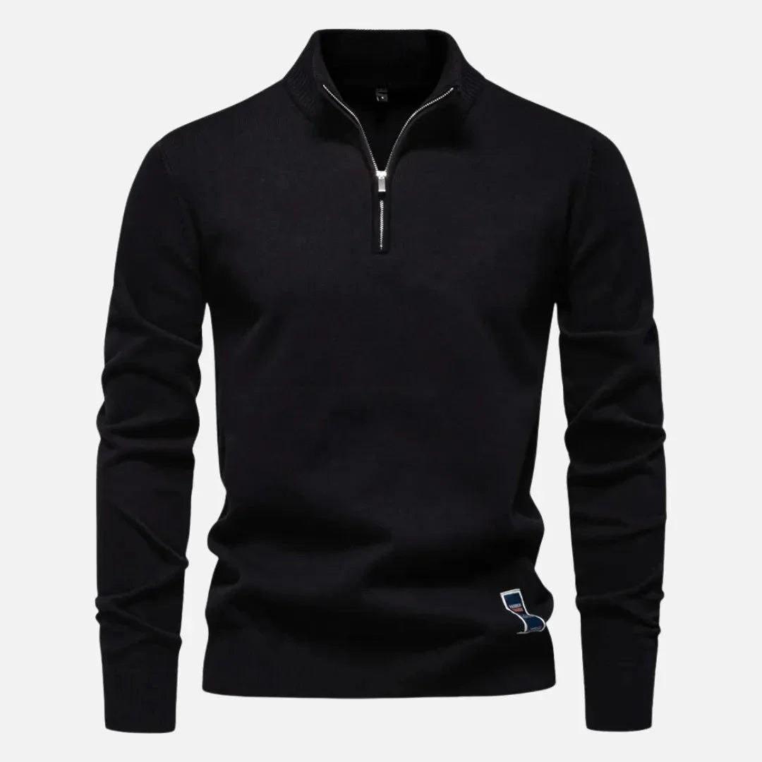 Navy blue fitted quarter-zip sweater with tailored silhouette and premium knit fabric for modern style
