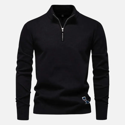 Navy blue fitted quarter-zip sweater with tailored silhouette and premium knit fabric for modern style