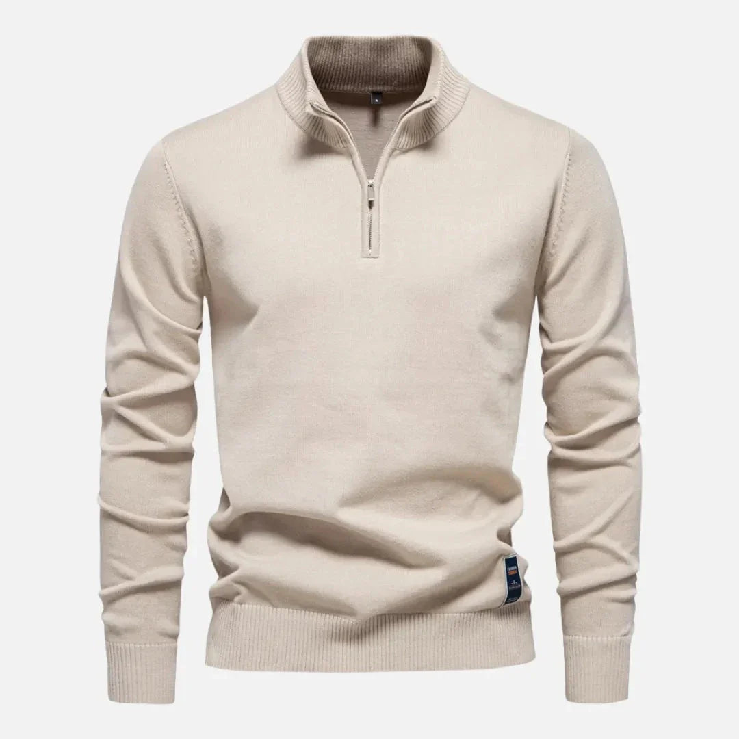 Navy fitted quarter-zip sweater with tailored silhouette and premium soft knit fabric